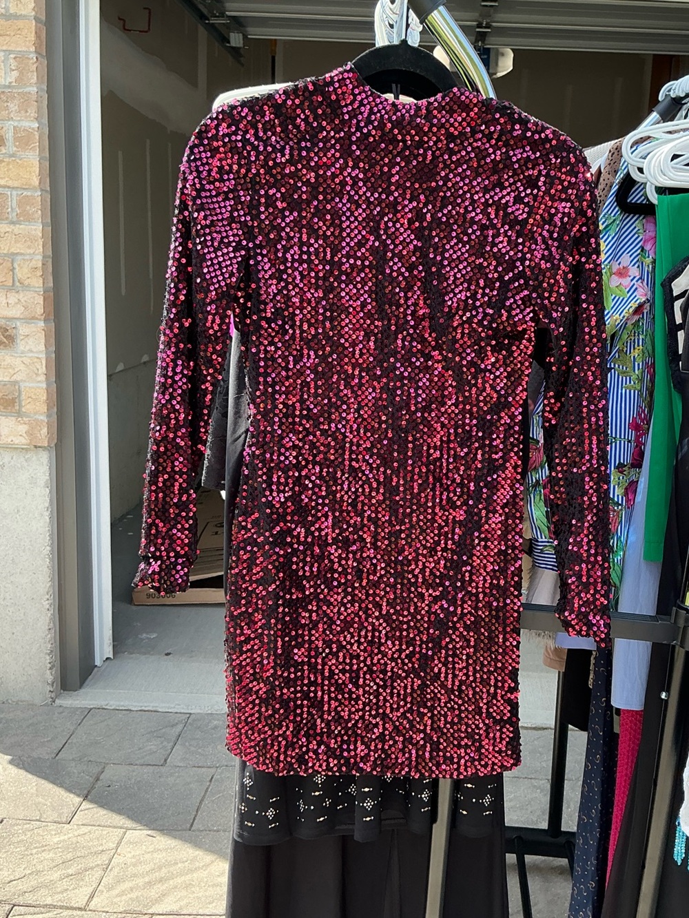 Sequined Long-Sleeve Mini Dress in Fuchsia
